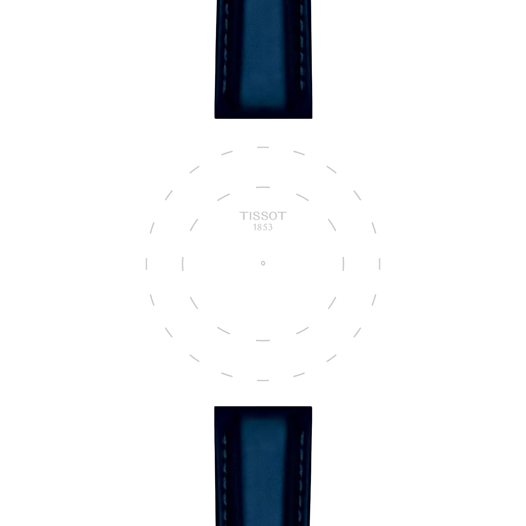 Minimalist image of a watch face with "Tissot 1853" in the center, dotted circle markers, and two Tissot Official Blue Synthetic Strap Lugs (18mm) at the top and bottom against a white background.