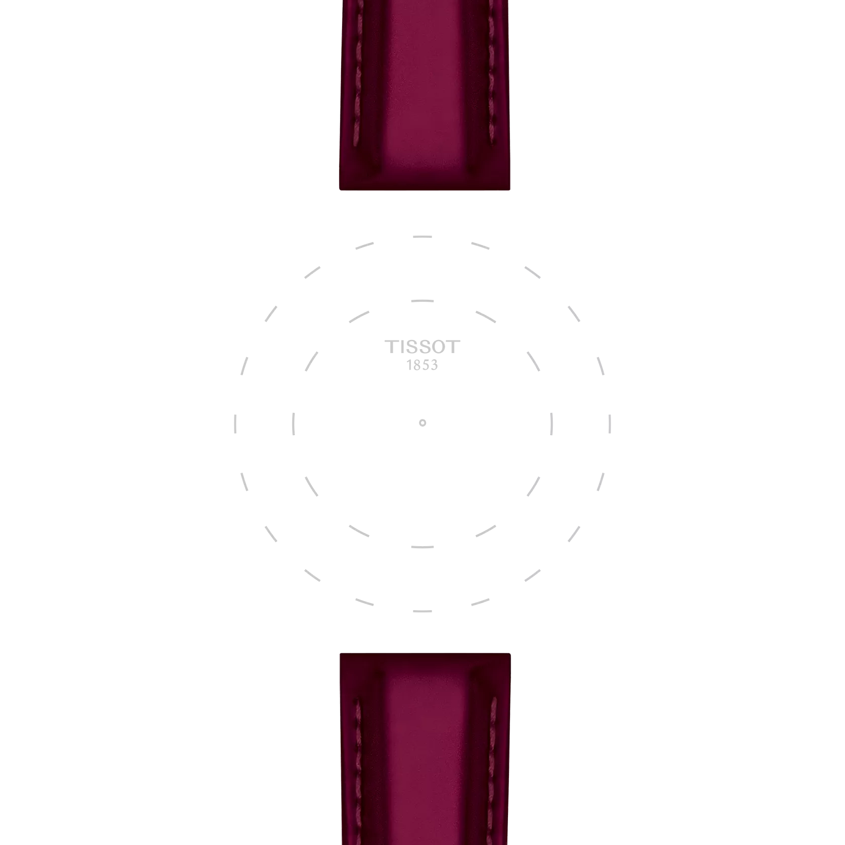A minimalist watch face featuring "Tissot 1853" at the center, dotted hour markers, and two ends of the Tissot Official Red Synthetic Strap Lugs 18 mm visible at the top and bottom. The background is white.
