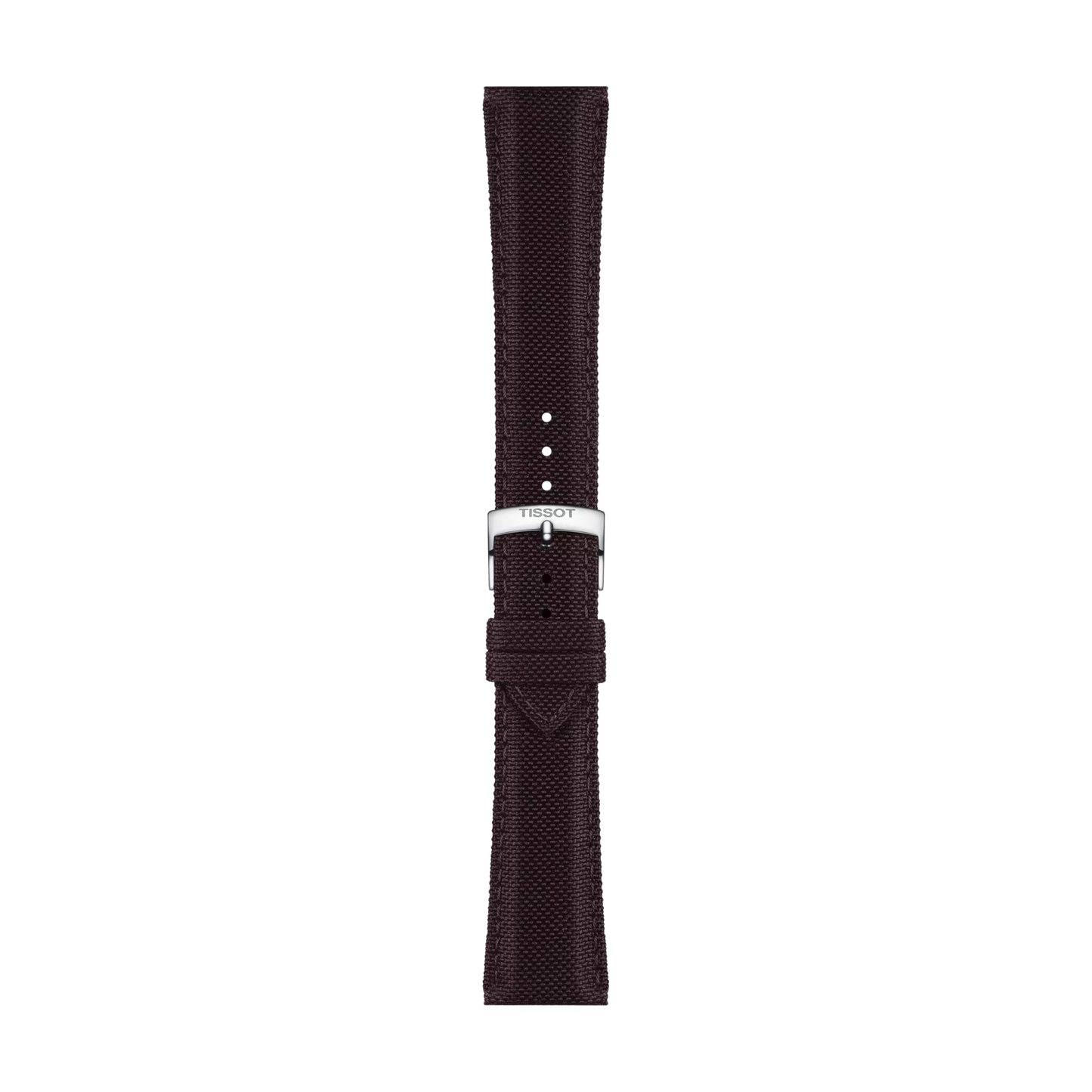The Tissot Official Brown Fabric Strap Lugs 21 mm is a dark brown textured watch strap with a silver buckle, featuring the Tissot logo. The strap is displayed vertically on a plain white background.