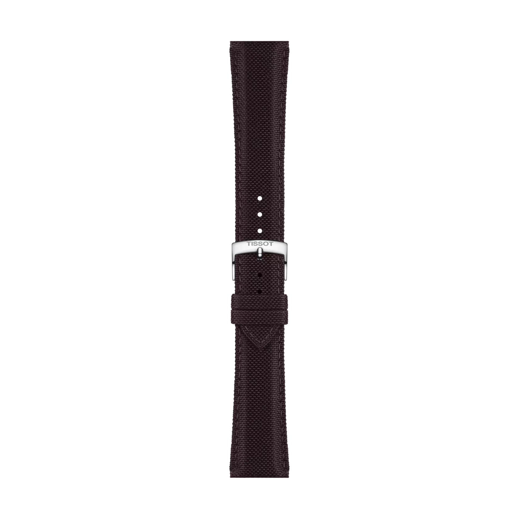 The Tissot Official Brown Fabric Strap Lugs 21 mm is a dark brown textured watch strap with a silver buckle, featuring the Tissot logo. The strap is displayed vertically on a plain white background.