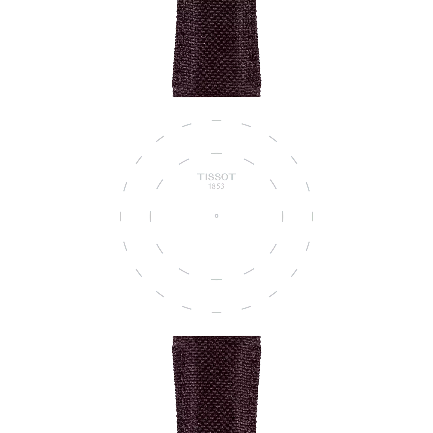 Minimalist watch face featuring "Tissot 1853" text at its center, accented by subtle dashed circles and paired with two Tissot Official brown fabric straps (21 mm lugs) on a white background.