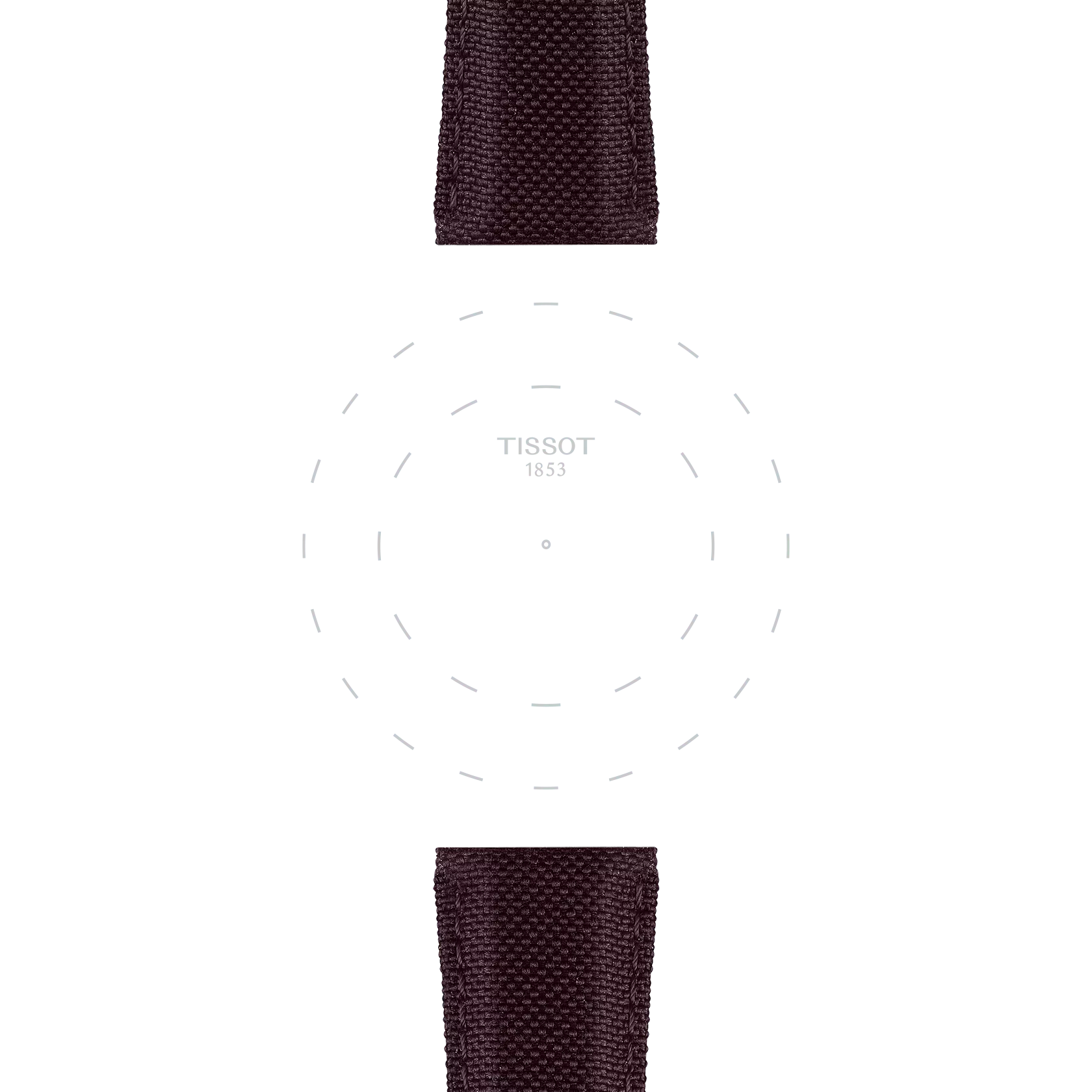 Minimalist watch face featuring "Tissot 1853" text at its center, accented by subtle dashed circles and paired with two Tissot Official brown fabric straps (21 mm lugs) on a white background.