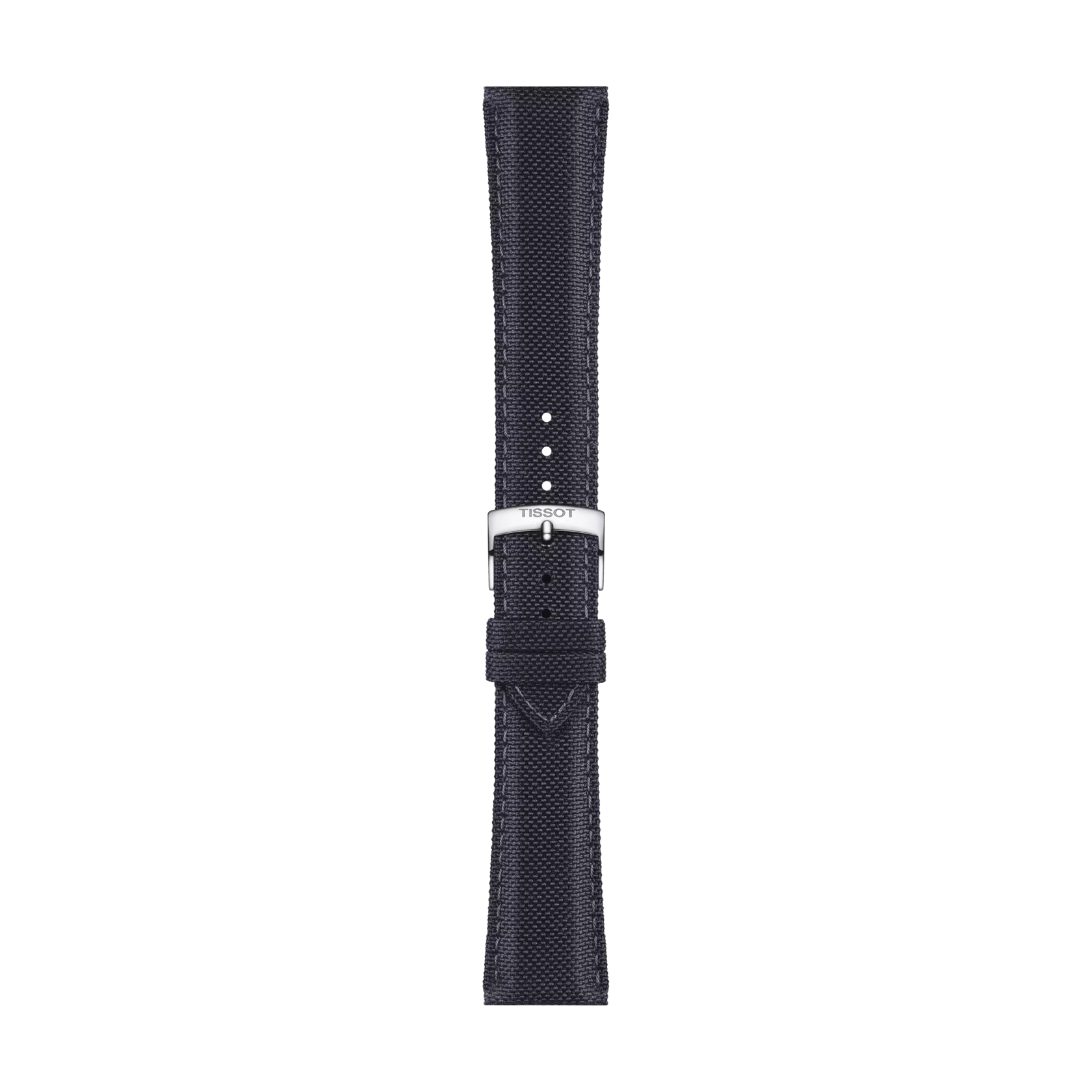 The Tissot Official Anthracite Fabric Strap, featuring visible stitching, a silver buckle clasp engraved with the Tissot logo, is displayed vertically on a white background.
