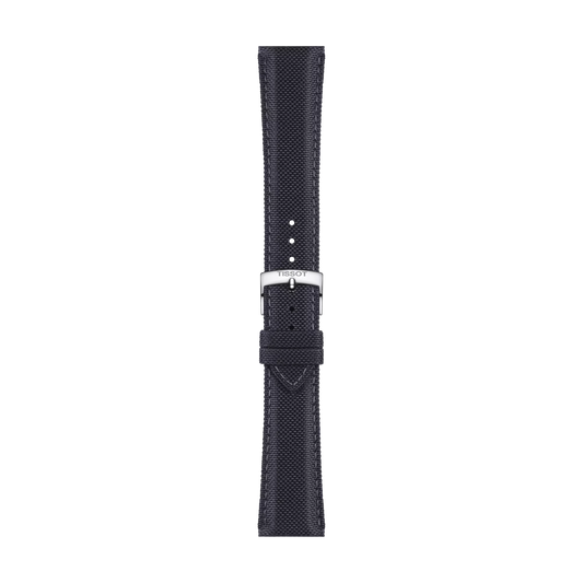 The Tissot Official Anthracite Fabric Strap, featuring visible stitching, a silver buckle clasp engraved with the Tissot logo, is displayed vertically on a white background.