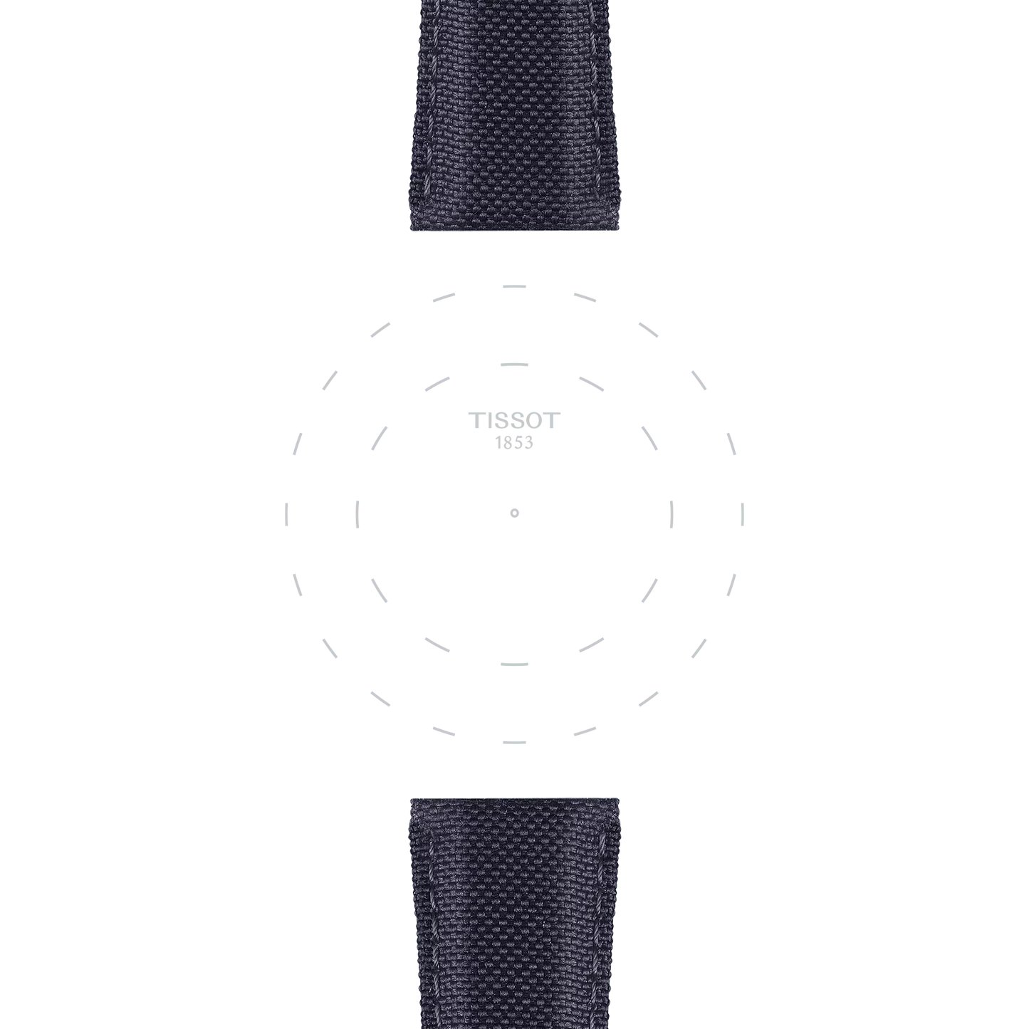 The image shows Tissot Official Anthracite Fabric Strap Lugs 21 mm in navy blue at the top and bottom; at the center, faint circular markings and the "TISSOT 1853" branding are visible, but there is no discernible watch face or hands.