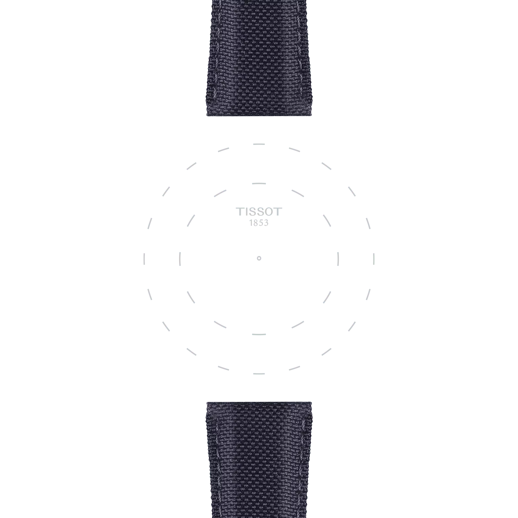 The image shows Tissot Official Anthracite Fabric Strap Lugs 21 mm in navy blue at the top and bottom; at the center, faint circular markings and the "TISSOT 1853" branding are visible, but there is no discernible watch face or hands.
