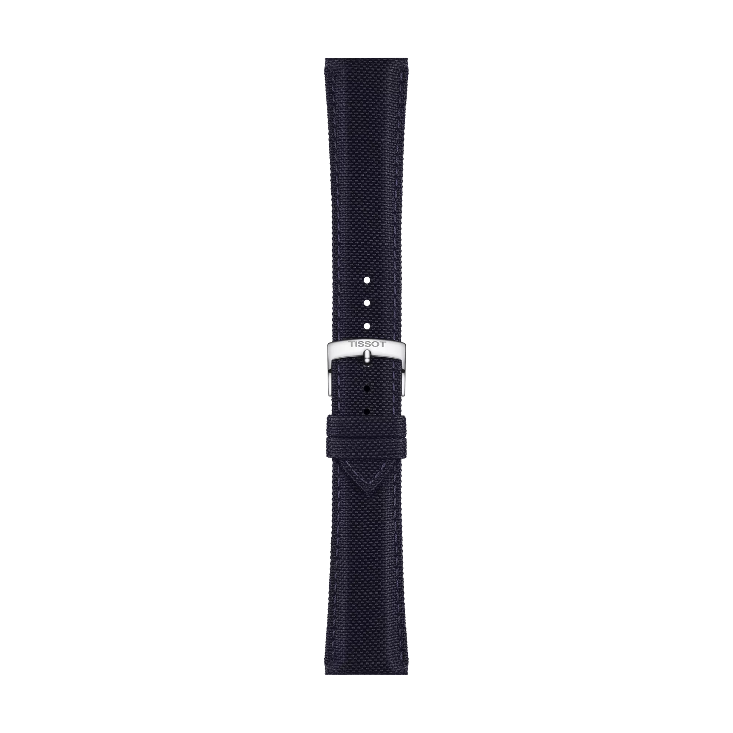 A blue Tissot Official fabric watch strap with 21 mm lugs and a silver buckle, displayed vertically on a white background.