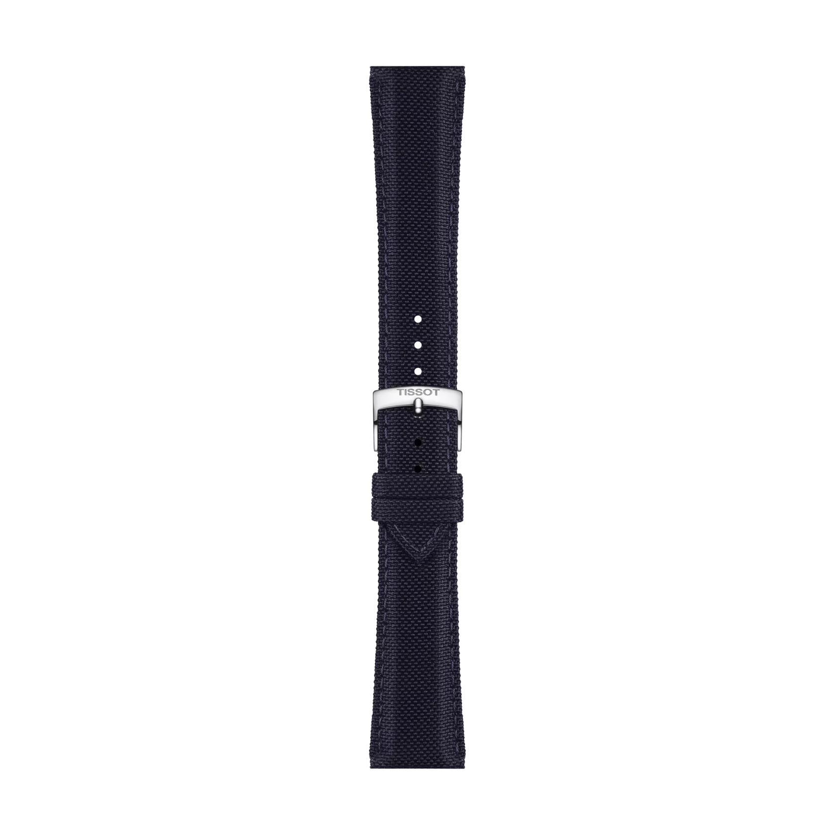 A blue Tissot Official fabric watch strap with 21 mm lugs and a silver buckle, displayed vertically on a white background.