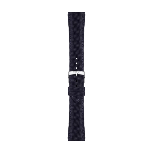 A blue Tissot Official fabric watch strap with 21 mm lugs and a silver buckle, displayed vertically on a white background.