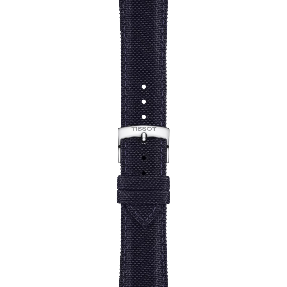 Tissot Official Blue Fabric Strap with 21 mm lugs, featuring a silver buckle engraved with the Tissot logo, displayed vertically on a white background.