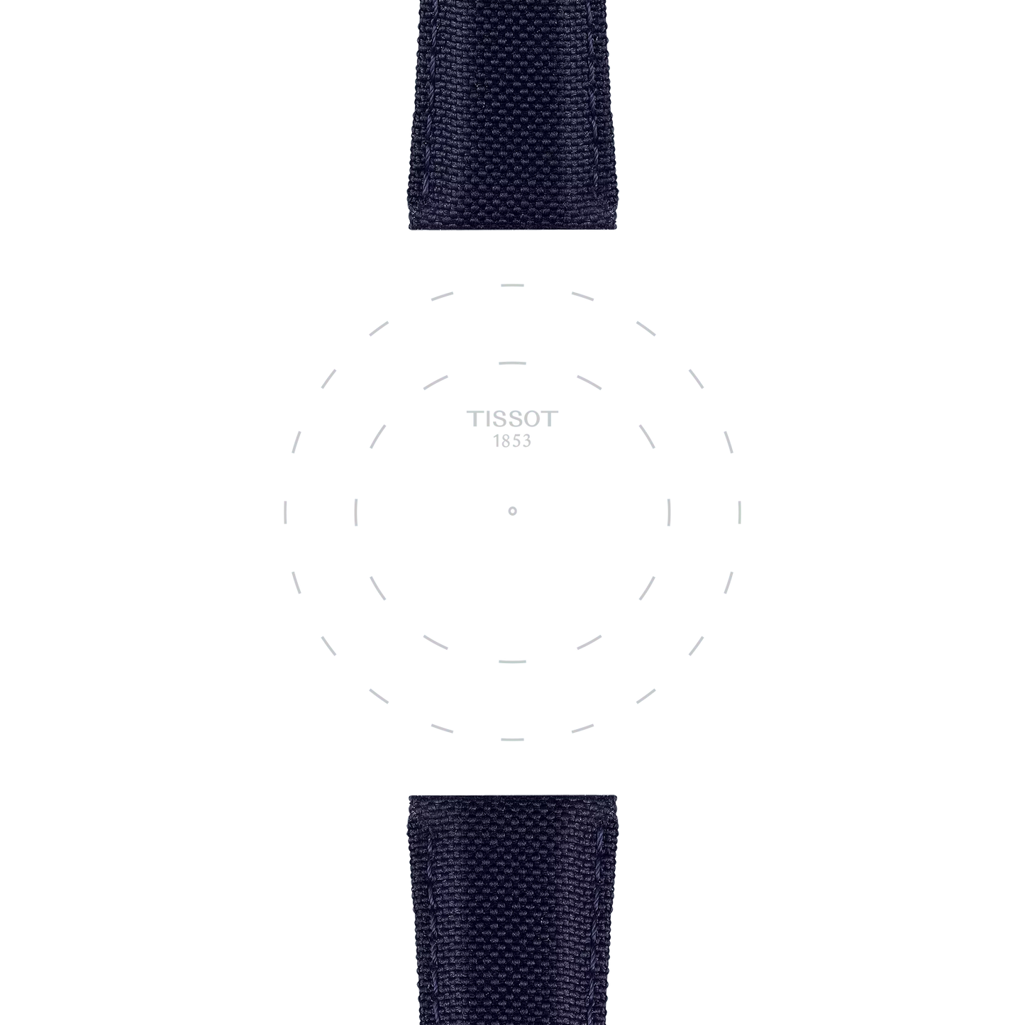 Minimalist watch face with “TISSOT 1853” text at the center, dotted circular markers, and two textured blue fabric straps (Tissot Official Blue Fabric Strap Lugs 21 mm) extending from the top and bottom. The watch itself is not visible.