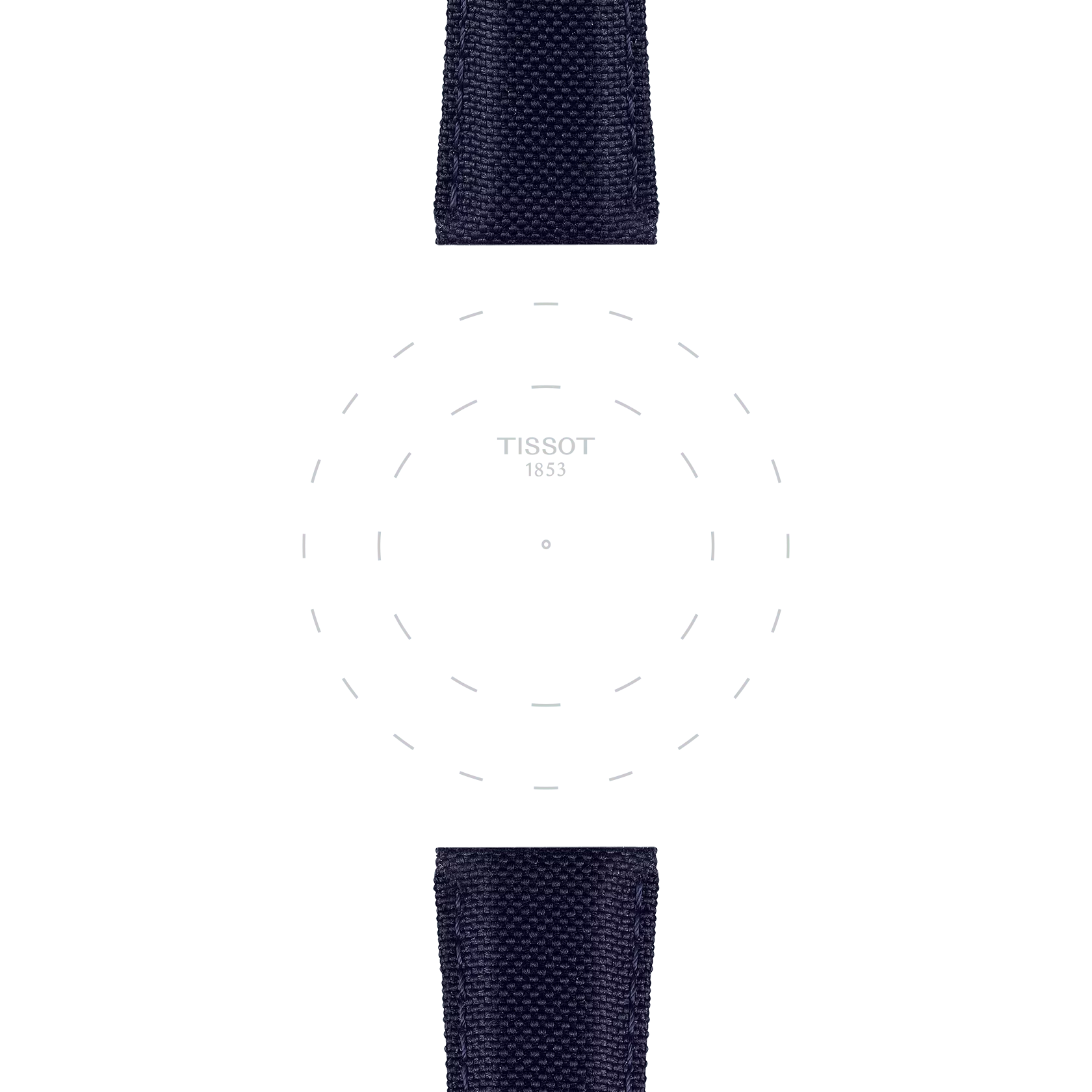 Minimalist watch face with “TISSOT 1853” text at the center, dotted circular markers, and two textured blue fabric straps (Tissot Official Blue Fabric Strap Lugs 21 mm) extending from the top and bottom. The watch itself is not visible.