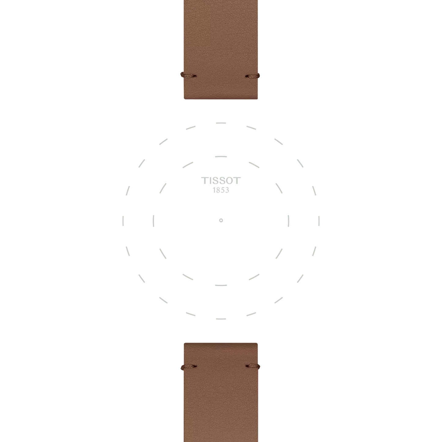 Brown synthetic 18mm straps from Tissot frame the top and bottom of a minimal white watch face featuring dashed lines and a centered "TISSOT 1853" logo, with no watch hands or numbers present.