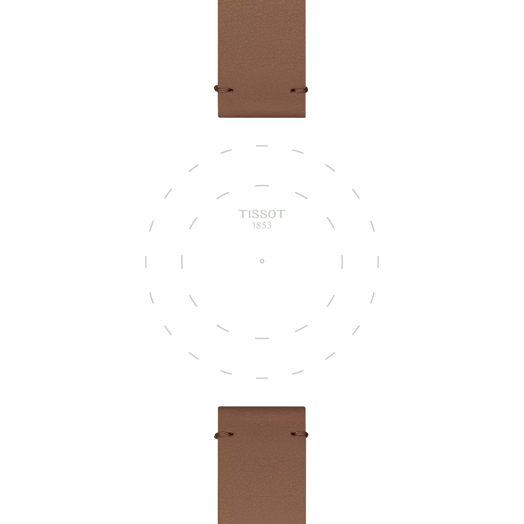 Brown synthetic 18mm straps from Tissot frame the top and bottom of a minimal white watch face featuring dashed lines and a centered "TISSOT 1853" logo, with no watch hands or numbers present.