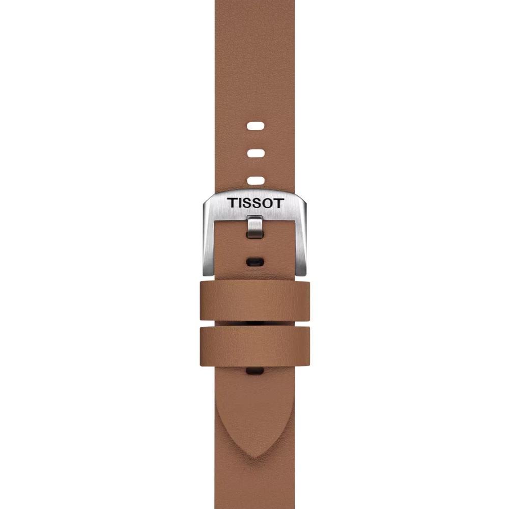 A Tissot Official brown synthetic strap with 18mm lugs and a silver buckle engraved with "TISSOT," displayed on a white background.