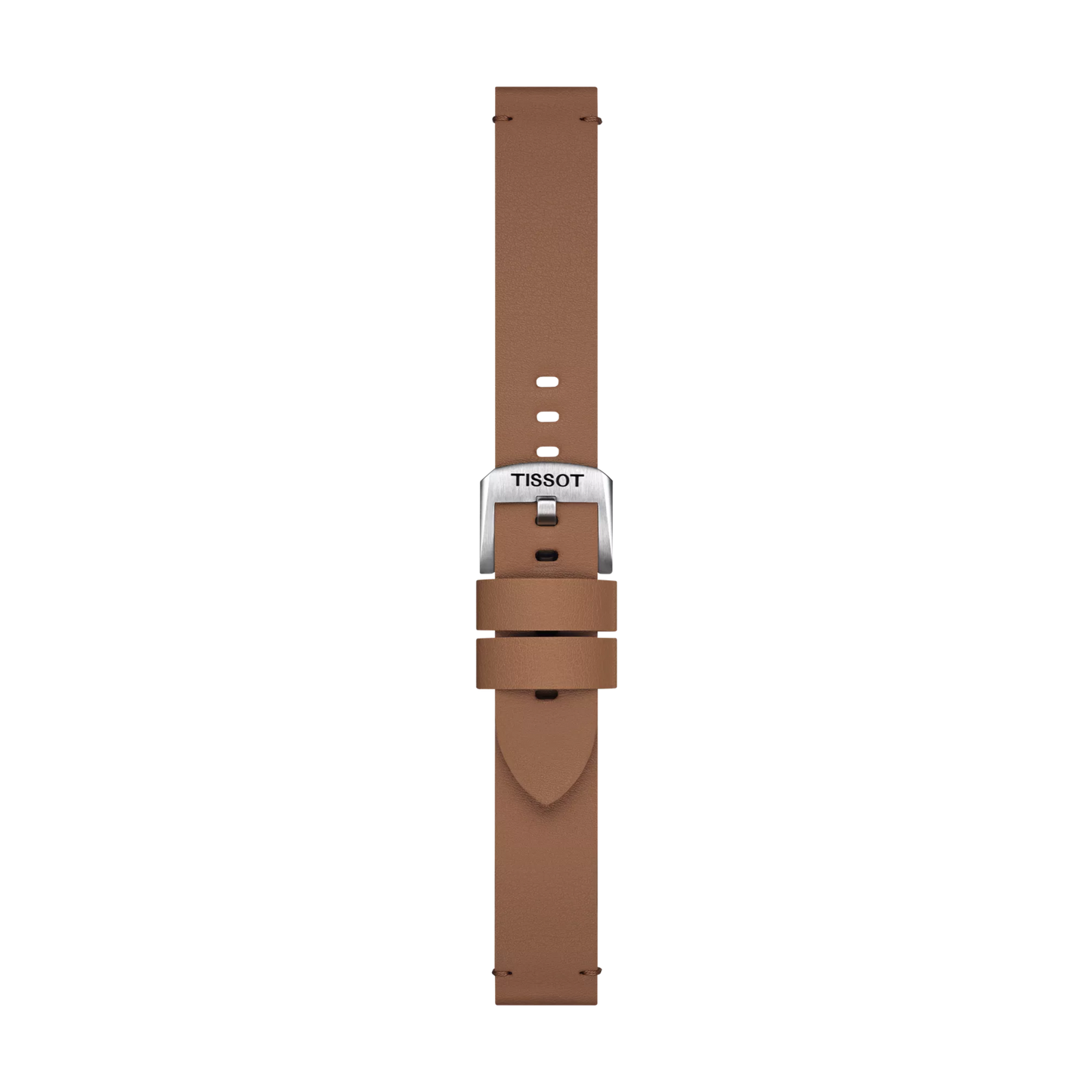 A Tissot Official Brown Synthetic Strap with 18mm lugs, featuring a silver buckle engraved with "Tissot," is displayed vertically on a plain white background.