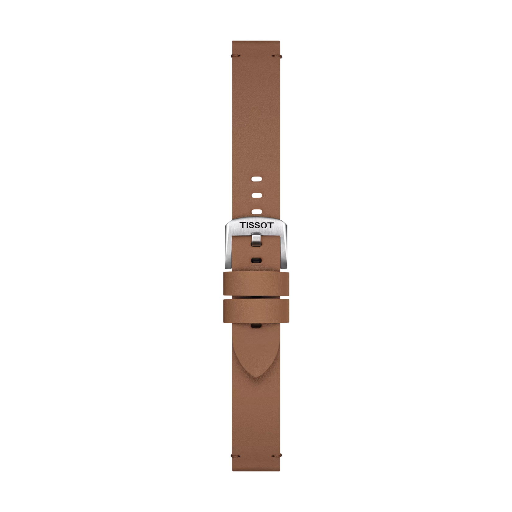 A Tissot Official Brown Synthetic Strap with 18mm lugs, featuring a silver buckle engraved with "Tissot," is displayed vertically on a plain white background.