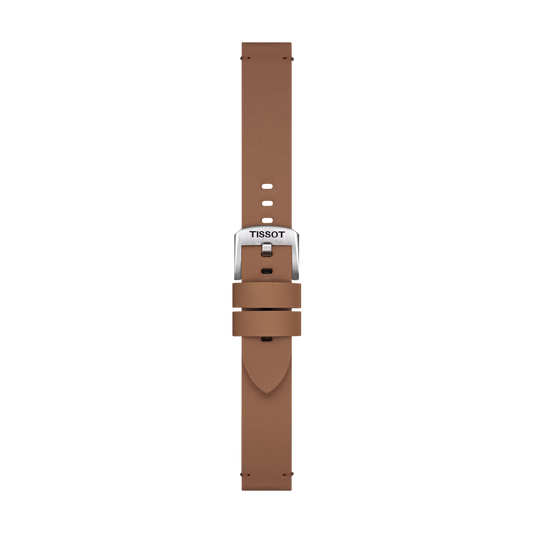 A Tissot Official Brown Synthetic Strap with 18mm lugs, featuring a silver buckle engraved with "Tissot," is displayed vertically on a plain white background.