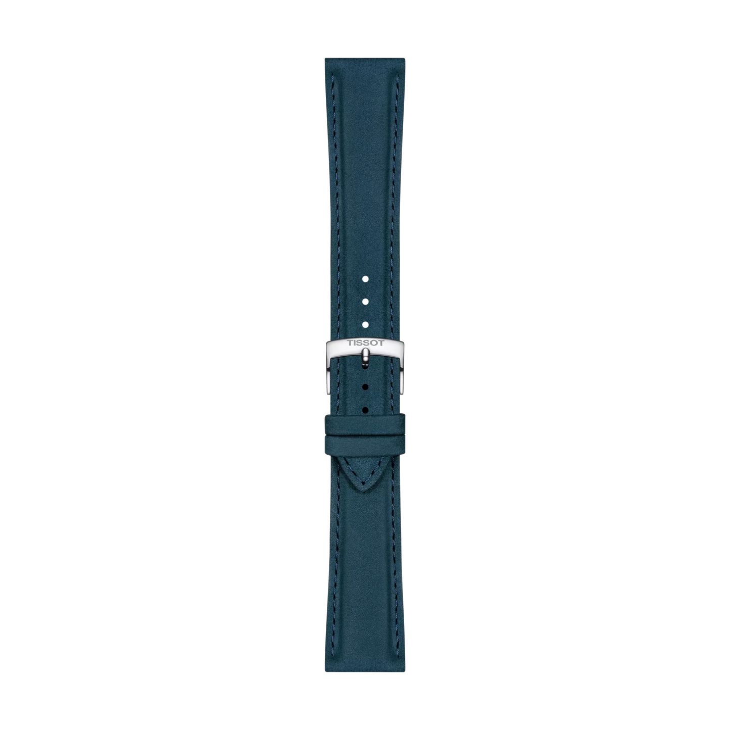 The Tissot Official Blue Leather Strap, featuring 21 mm lugs, showcases stitched edges and is secured with a silver buckle engraved with the Tissot brand, displayed vertically against a plain white background.