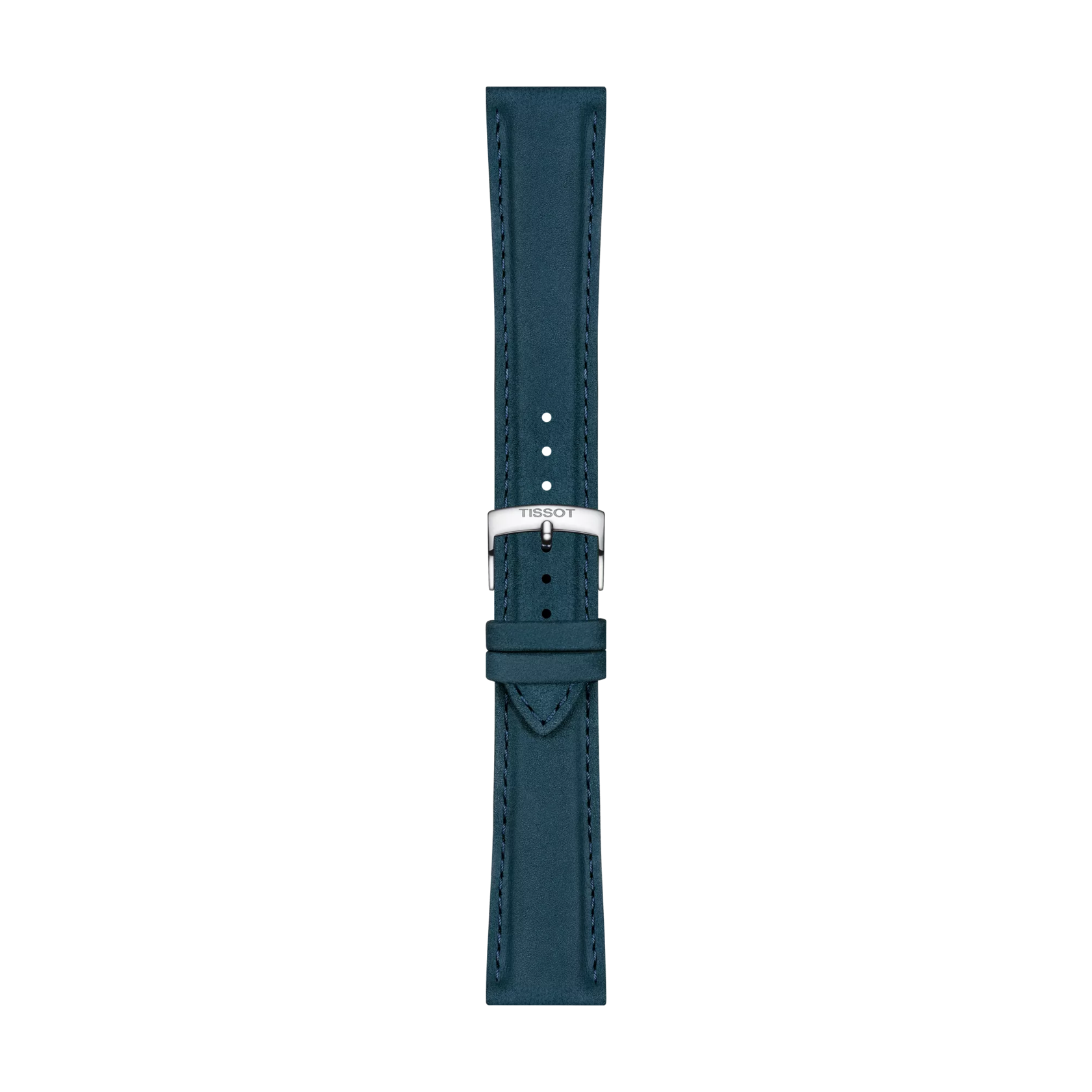 The Tissot Official Blue Leather Strap, featuring 21 mm lugs, showcases stitched edges and is secured with a silver buckle engraved with the Tissot brand, displayed vertically against a plain white background.