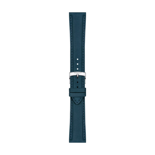 The Tissot Official Blue Leather Strap, featuring 21 mm lugs, showcases stitched edges and is secured with a silver buckle engraved with the Tissot brand, displayed vertically against a plain white background.