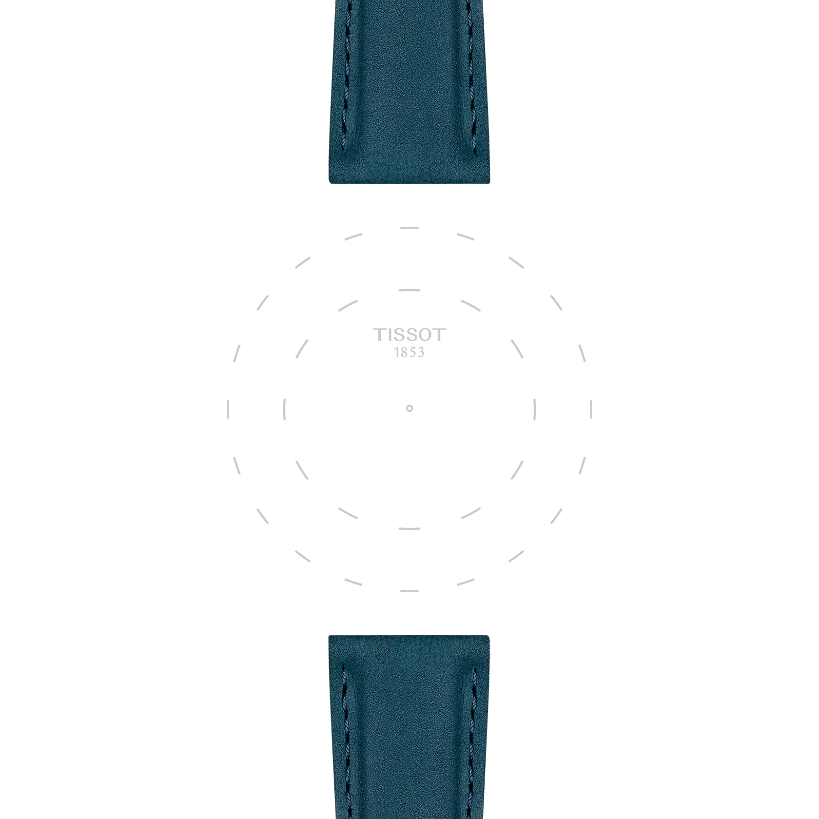Two Tissot Official Blue Leather Straps, each with visible stitching and 21 mm lugs, are placed above and below a blank Tissot watch face displaying only the brand name “TISSOT 1853” and faint dashed circles, without any hands or markers.