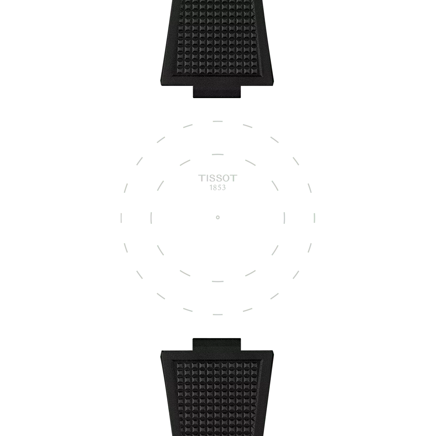 The Tissot Official Black PRX 40mm Rubber Strap features a minimalist watch face with subtle dashed hour markings at the center and a black textured strap at both ends. The dial displays the text "TISSOT 1853," but there are no watch hands or numbers present.