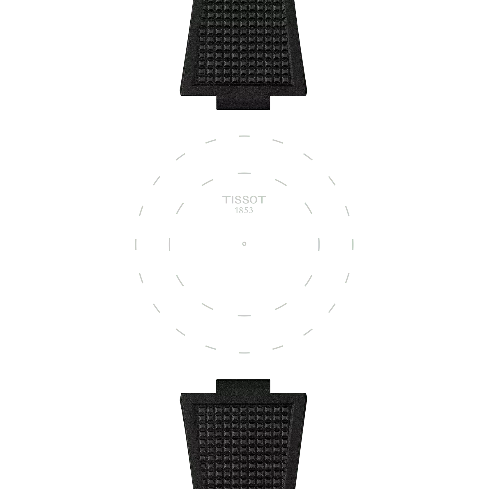 The Tissot Official Black PRX 40mm Rubber Strap features a minimalist watch face with subtle dashed hour markings at the center and a black textured strap at both ends. The dial displays the text "TISSOT 1853," but there are no watch hands or numbers present.