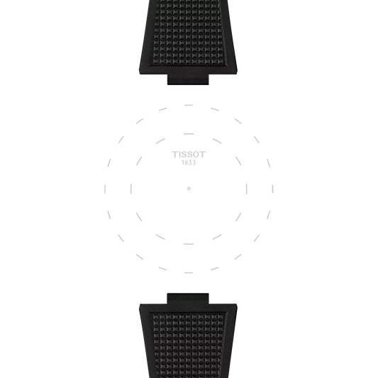 The Tissot Official Black PRX 40mm Rubber Strap features a minimalist watch face with subtle dashed hour markings at the center and a black textured strap at both ends. The dial displays the text "TISSOT 1853," but there are no watch hands or numbers present.