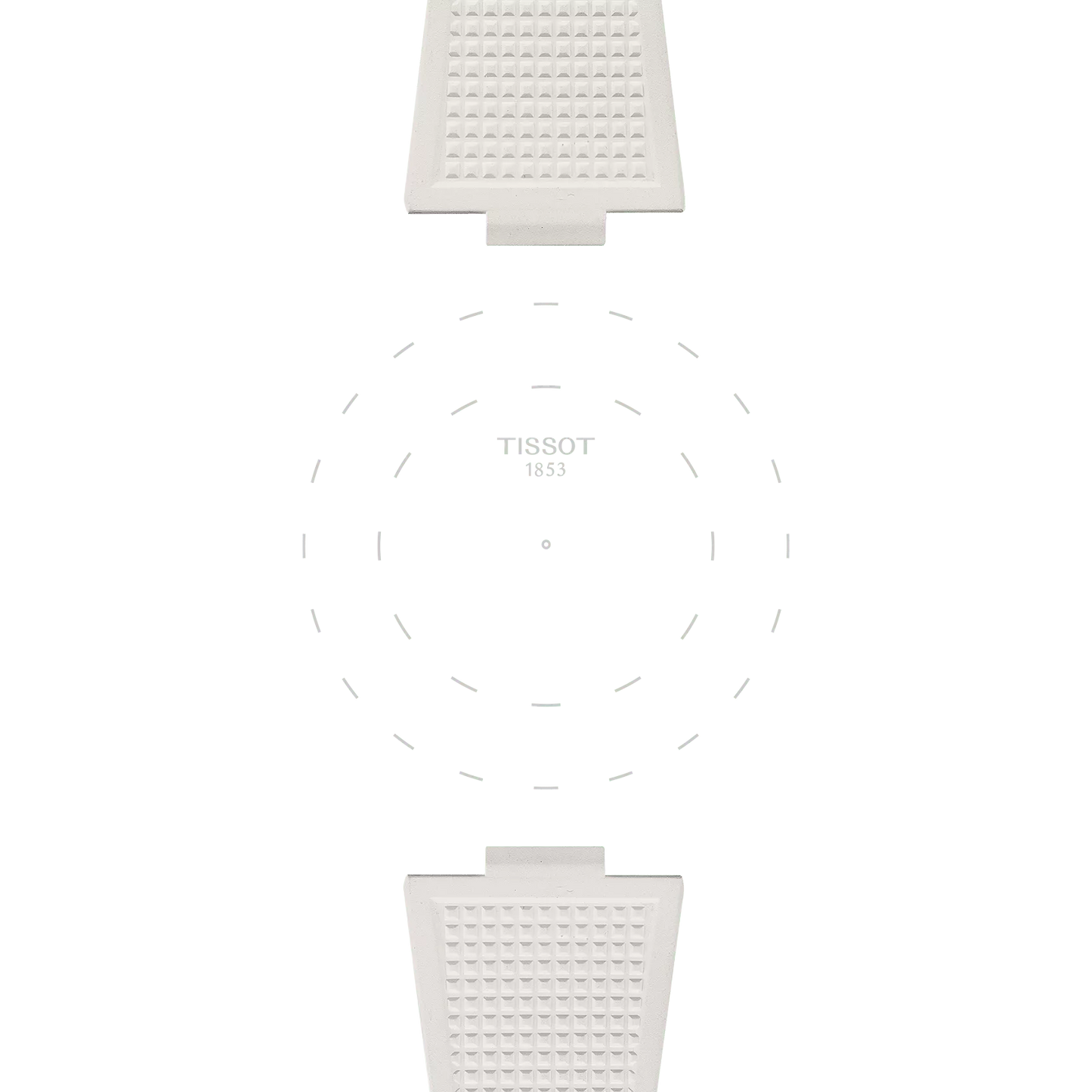 The Tissot Official White PRX 40mm Rubber Strap features a minimalist watch face with "TISSOT 1853" displayed at the center, encircled by subtle dotted hour markers. Two textured rubber strap ends are visible at the top and bottom, set against a white background.
