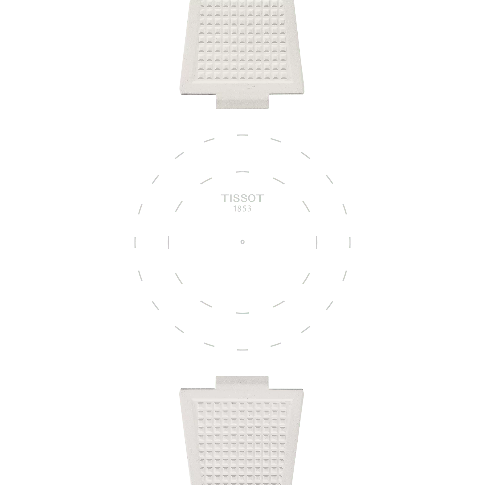 The Tissot Official White PRX 40mm Rubber Strap features a minimalist watch face with "TISSOT 1853" displayed at the center, encircled by subtle dotted hour markers. Two textured rubber strap ends are visible at the top and bottom, set against a white background.