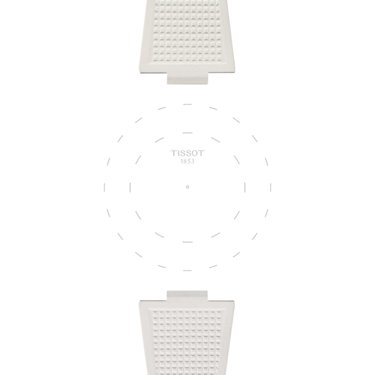 The Tissot Official White PRX 40mm Rubber Strap features a minimalist watch face with "TISSOT 1853" displayed at the center, encircled by subtle dotted hour markers. Two textured rubber strap ends are visible at the top and bottom, set against a white background.
