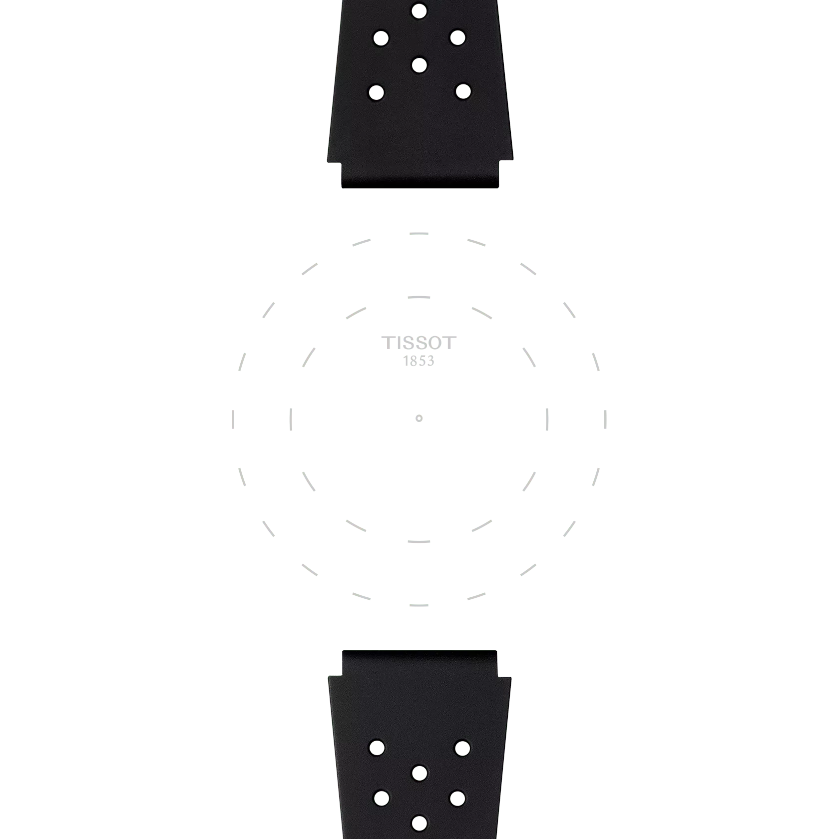 Minimalist image featuring a blank Tissot watch face without hands or numbers, bordered by dashed markers, and showcasing two Tissot Official Black Sideral Rubber Straps positioned at the top and bottom on a white background.