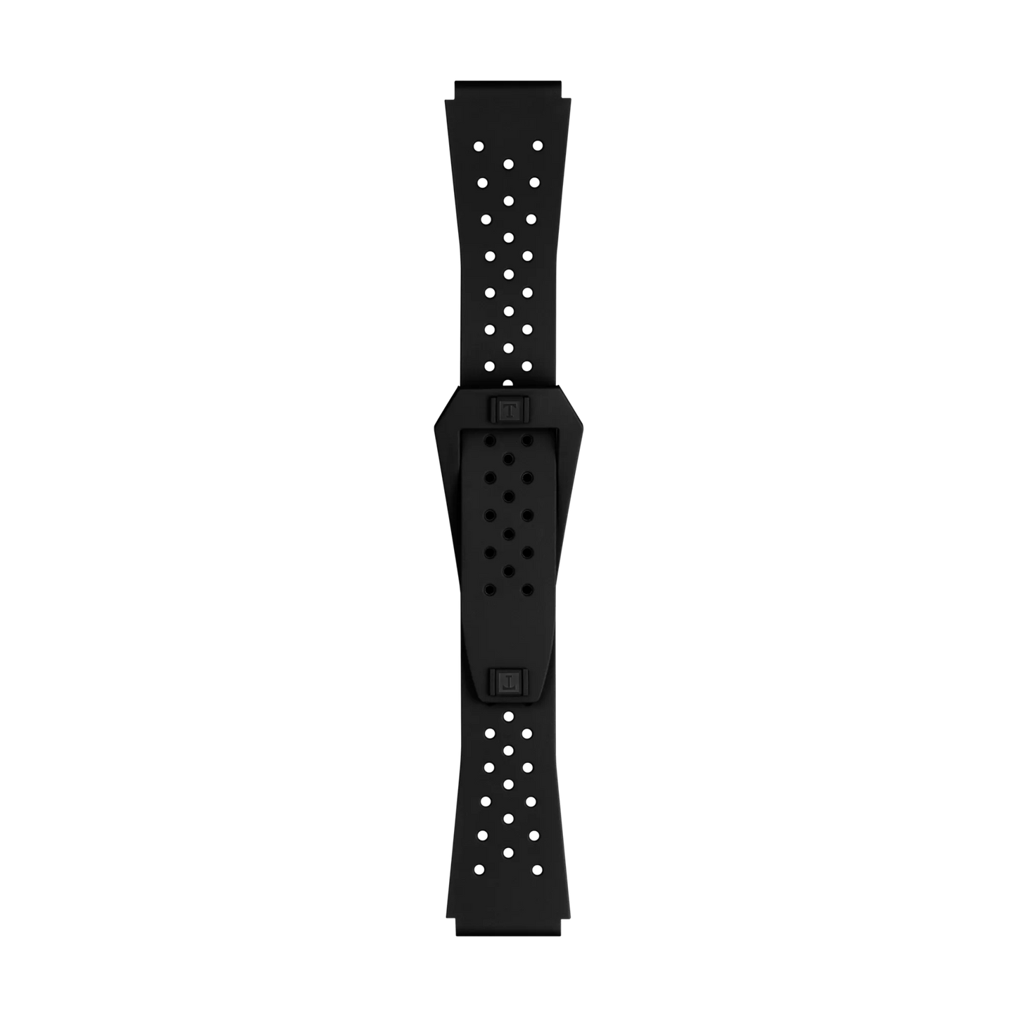 The Tissot Official Black Sideral Rubber Strap by Tissot features a black perforated wristband with multiple small holes and a rectangular centerpiece, displayed on a plain white background.