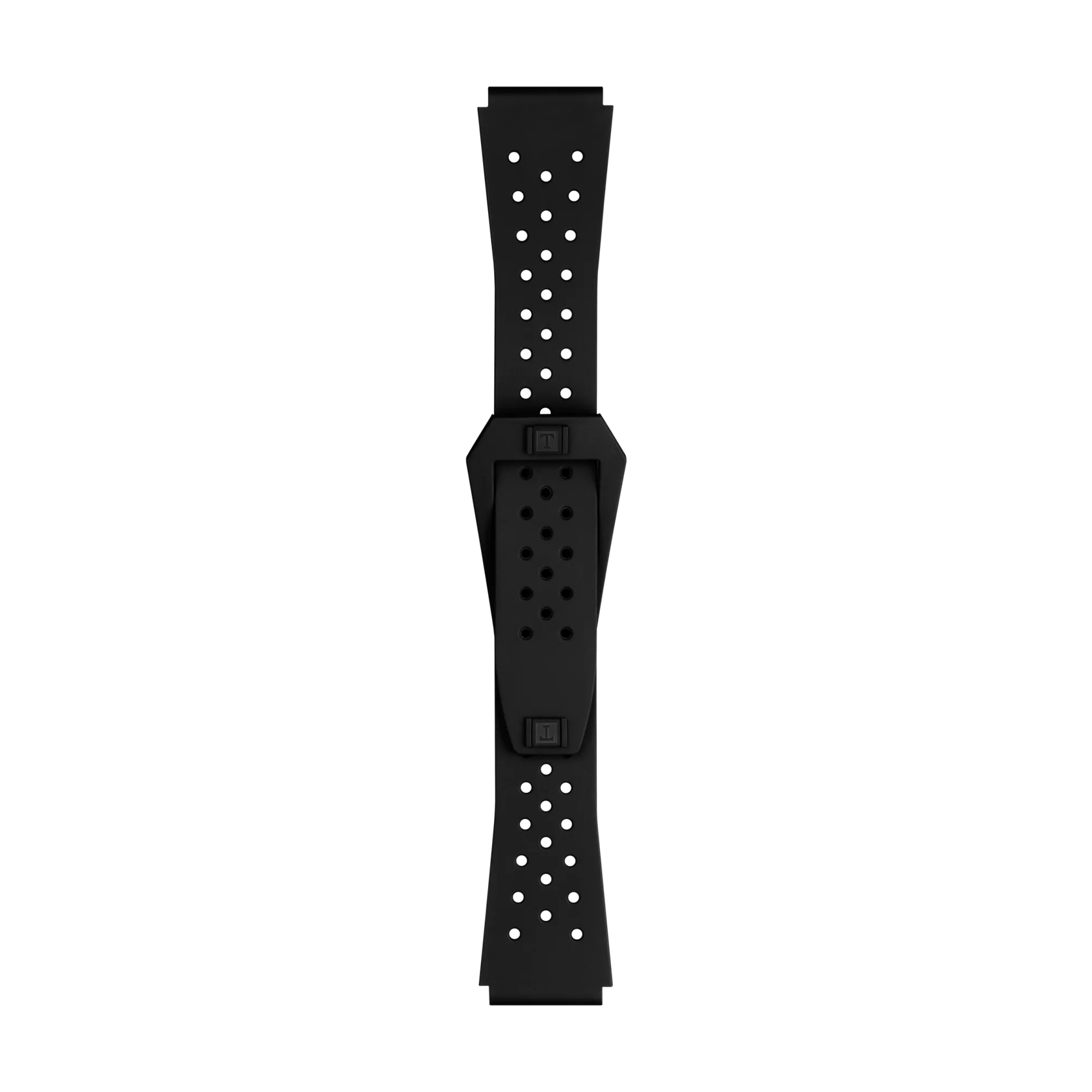 The Tissot Official Black Sideral Rubber Strap by Tissot features a black perforated wristband with multiple small holes and a rectangular centerpiece, displayed on a plain white background.