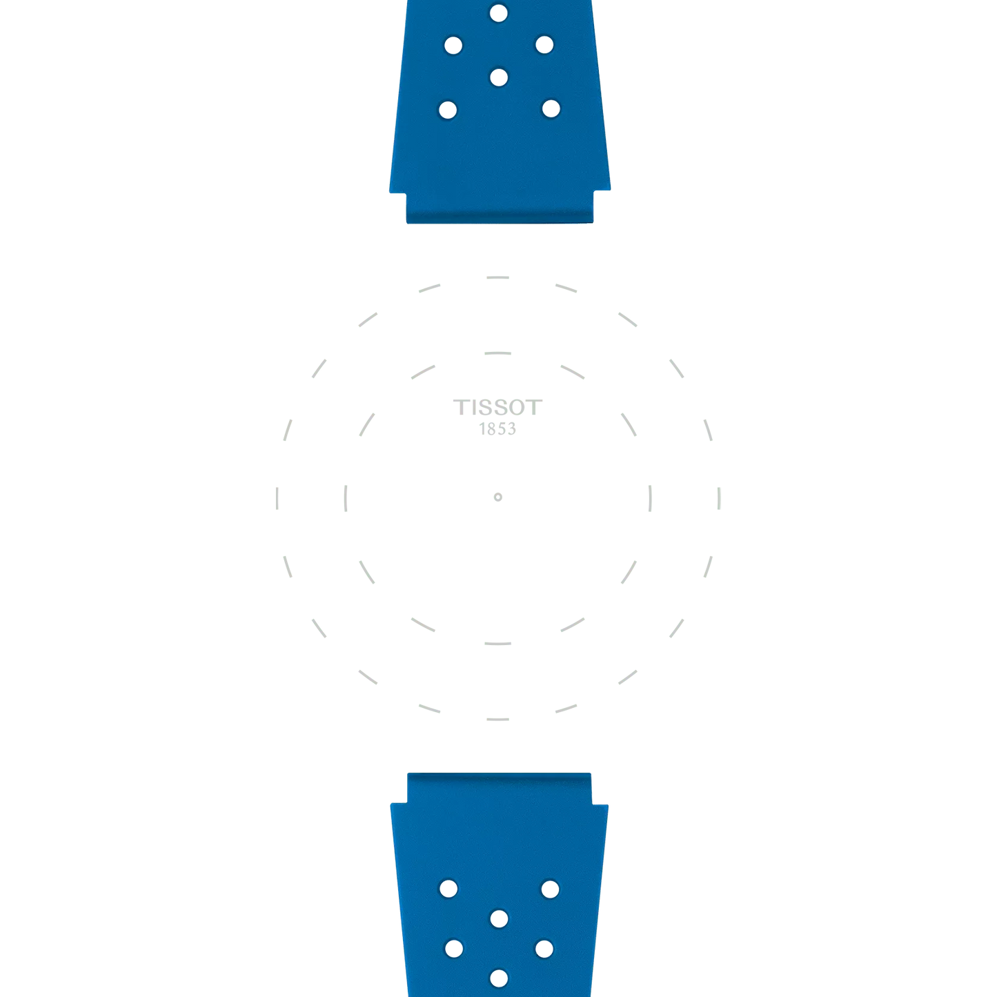 Minimalist image featuring the Tissot Official Blue Sideral Rubber Strap at the top and bottom, with the Tissot logo and a dotted circle centered on a white background. The watch face is not visible.