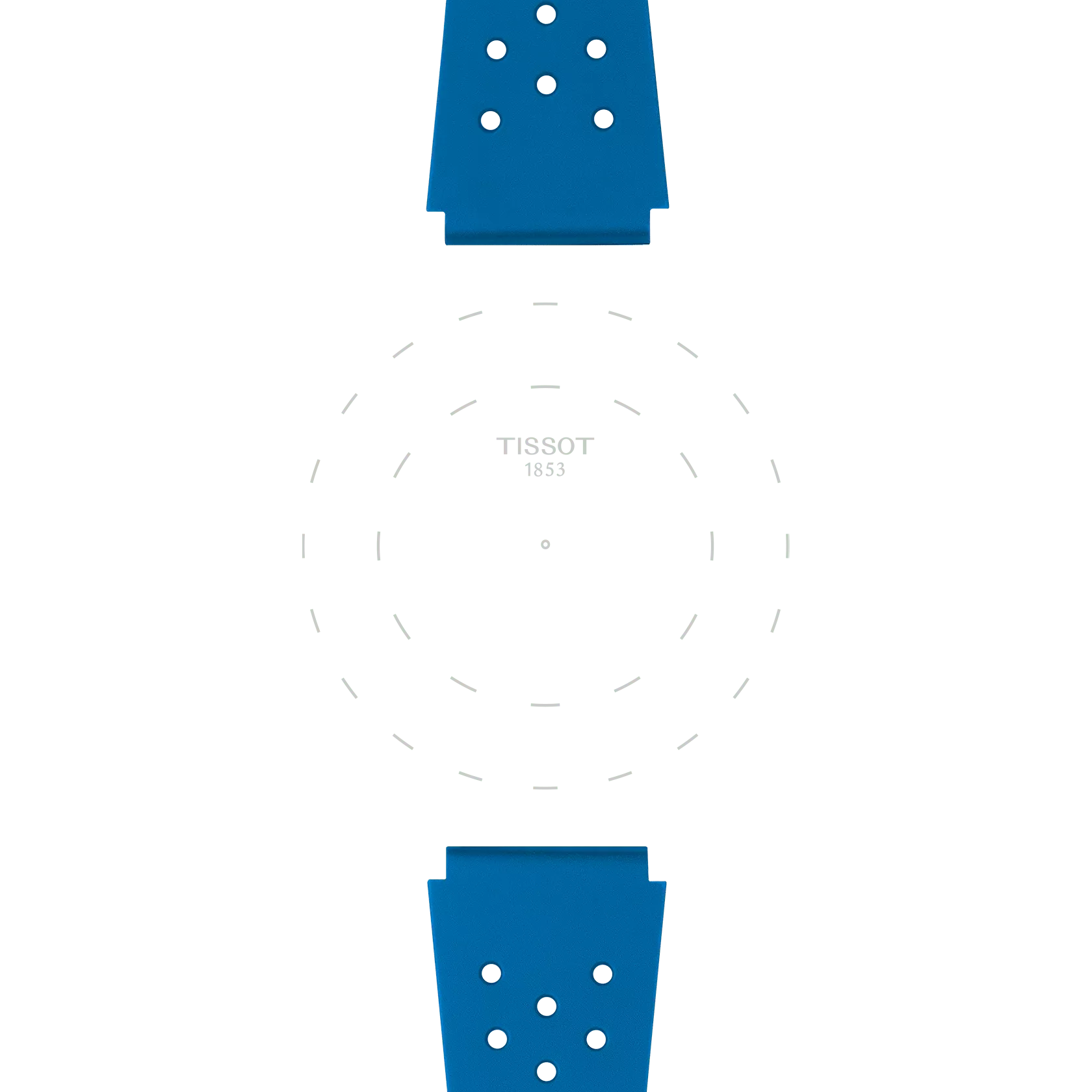 Minimalist image featuring the Tissot Official Blue Sideral Rubber Strap at the top and bottom, with the Tissot logo and a dotted circle centered on a white background. The watch face is not visible.