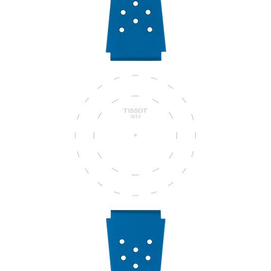 Minimalist image featuring the Tissot Official Blue Sideral Rubber Strap at the top and bottom, with the Tissot logo and a dotted circle centered on a white background. The watch face is not visible.
