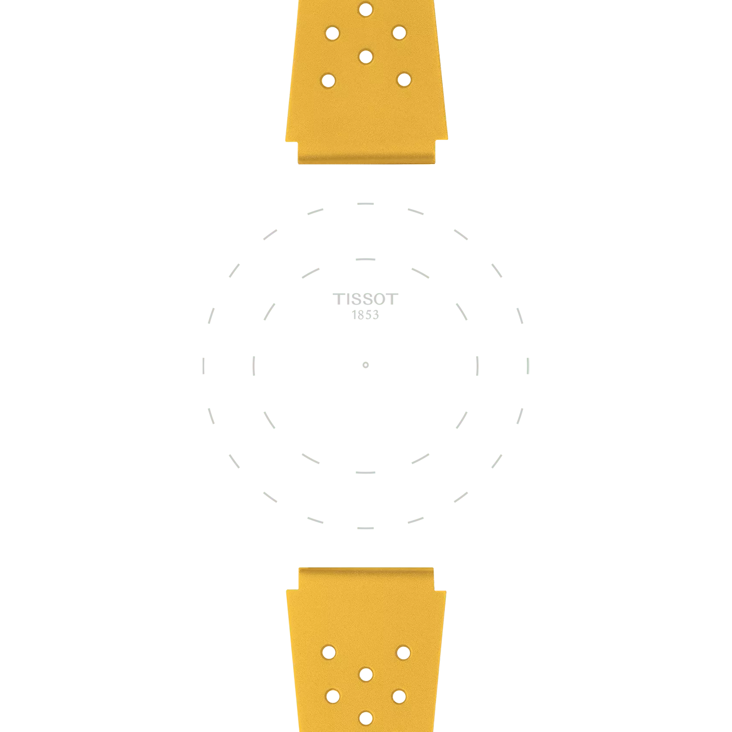 Minimalist image of the Tissot Official Yellow Sideral Rubber Strap, displayed vertically with "TISSOT 1853" centered on a white background featuring subtle dashed circles that hint at a watch face.
