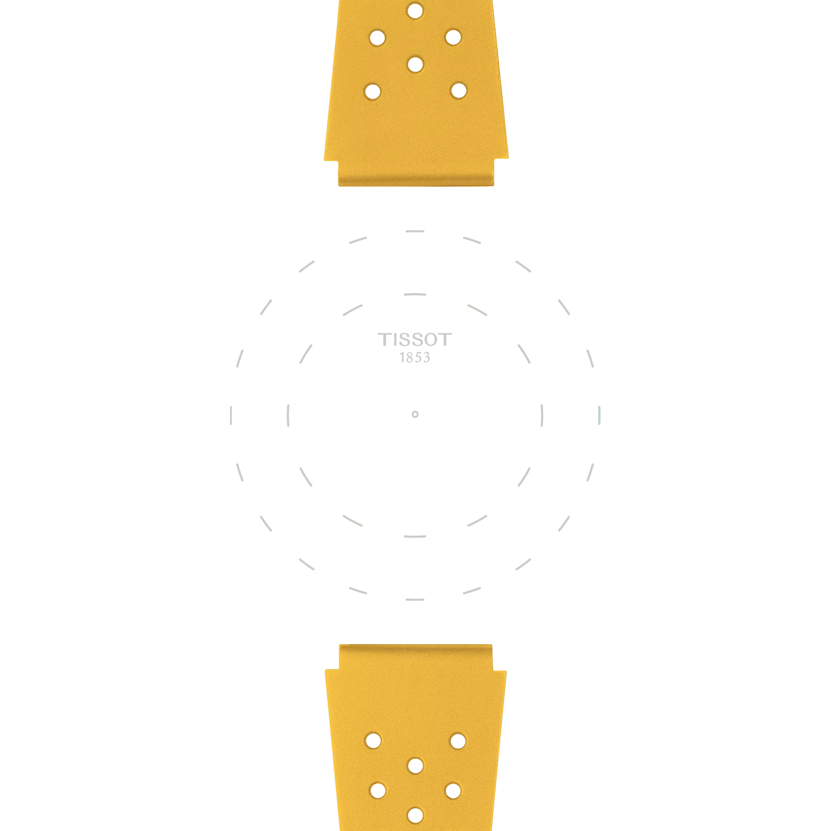 Minimalist image of the Tissot Official Yellow Sideral Rubber Strap, displayed vertically with "TISSOT 1853" centered on a white background featuring subtle dashed circles that hint at a watch face.