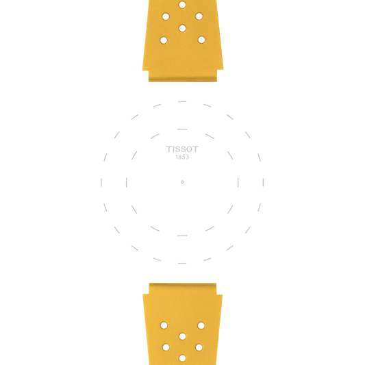 Minimalist image of the Tissot Official Yellow Sideral Rubber Strap, displayed vertically with "TISSOT 1853" centered on a white background featuring subtle dashed circles that hint at a watch face.