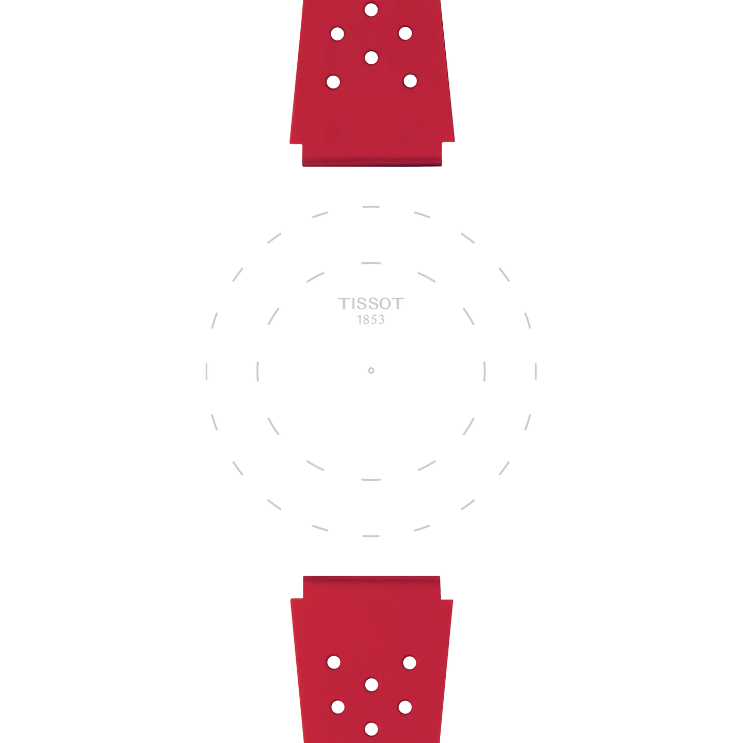 Two Tissot Official Red Sideral Rubber Straps are placed opposite each other on a white background, with the faint outline of a watch face and the text "TISSOT 1853" in the center. The watch itself is not visible.