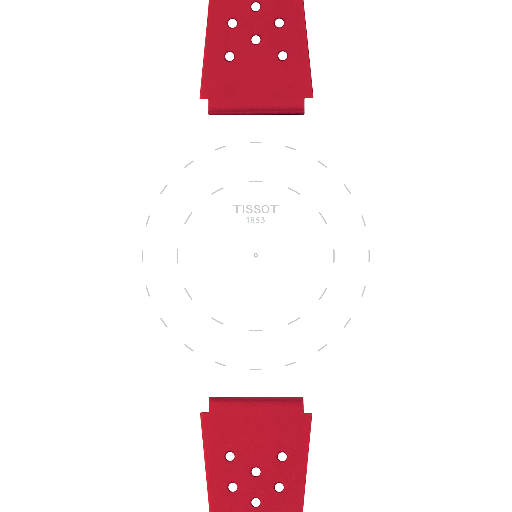 Two Tissot Official Red Sideral Rubber Straps are placed opposite each other on a white background, with the faint outline of a watch face and the text "TISSOT 1853" in the center. The watch itself is not visible.