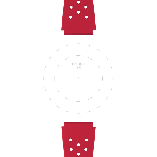 Two Tissot Official Red Sideral Rubber Straps are placed opposite each other on a white background, with the faint outline of a watch face and the text "TISSOT 1853" in the center. The watch itself is not visible.