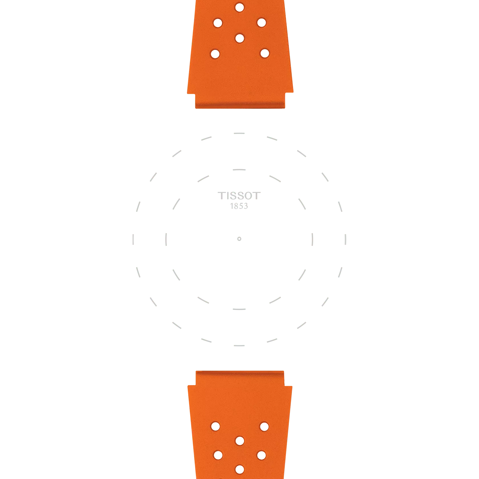 Minimalist image displaying two Tissot Official Orange Sideral Rubber Straps—one positioned at the top and one at the bottom—with the Tissot brand name and dashed lines indicating a watch face in the center against a white background.