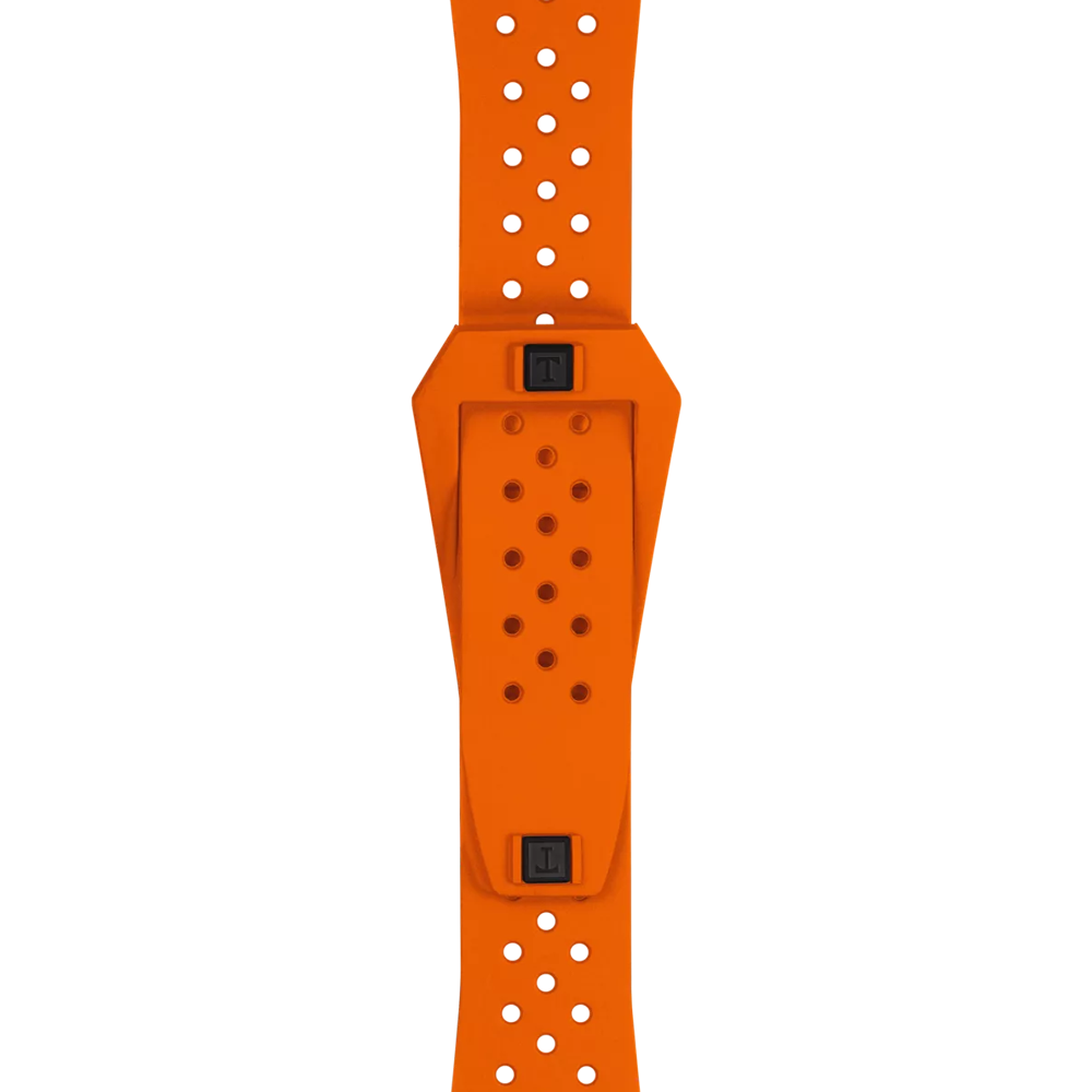 The Tissot Official Orange Sideral Rubber Strap by Tissot is a perforated orange watch strap featuring a rectangular buckle and extra material reinforcing the area near the clasp, displayed against a white background.