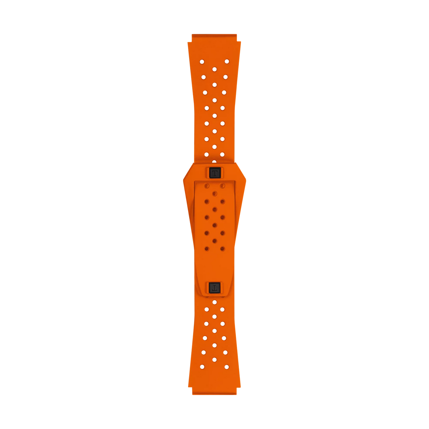 The Tissot Official Orange Sideral Rubber Strap, a bright orange perforated band featuring a rectangular center section and black buttons at each end, is displayed vertically on a white background.
