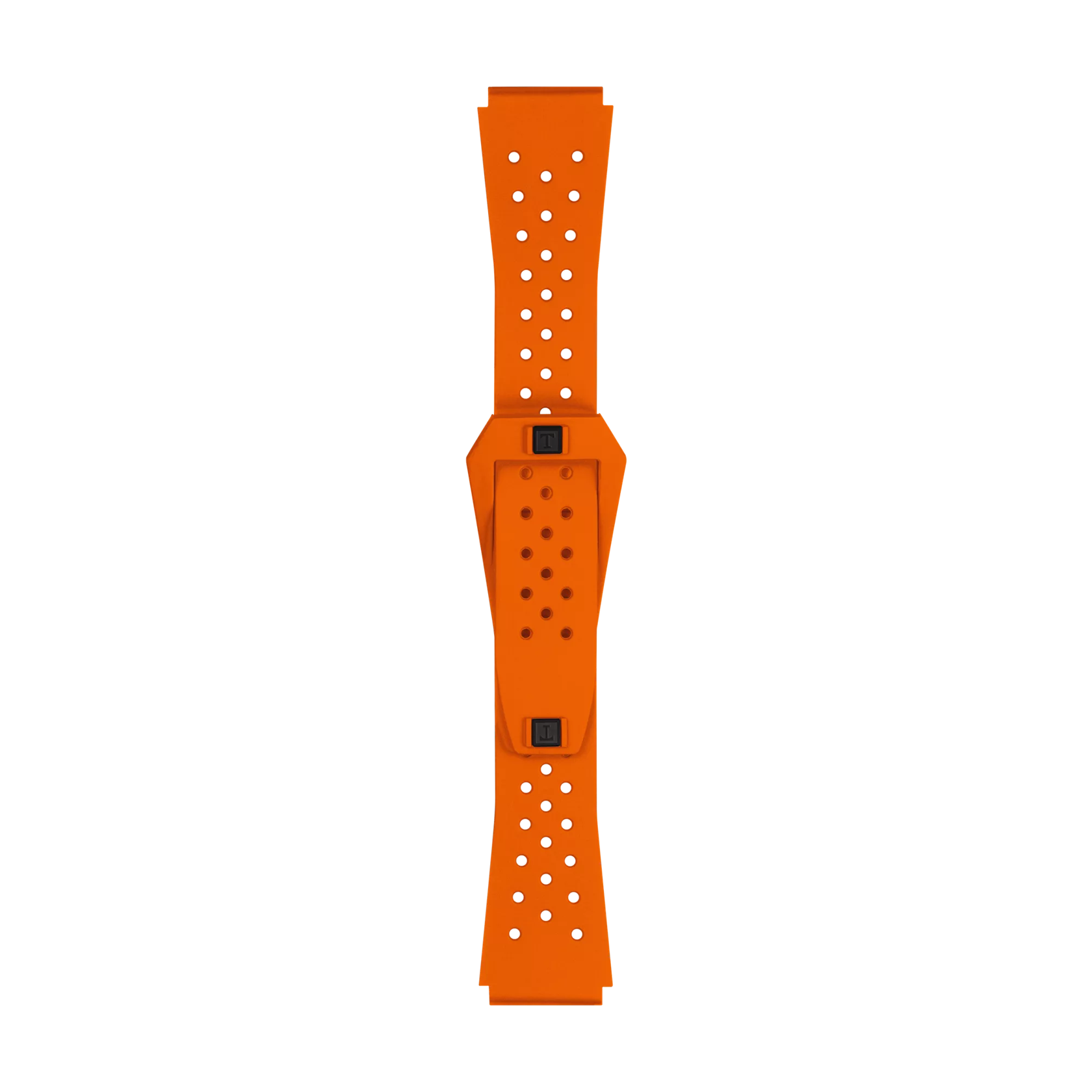The Tissot Official Orange Sideral Rubber Strap, a bright orange perforated band featuring a rectangular center section and black buttons at each end, is displayed vertically on a white background.