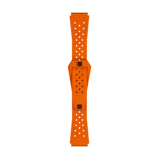 The Tissot Official Orange Sideral Rubber Strap, a bright orange perforated band featuring a rectangular center section and black buttons at each end, is displayed vertically on a white background.