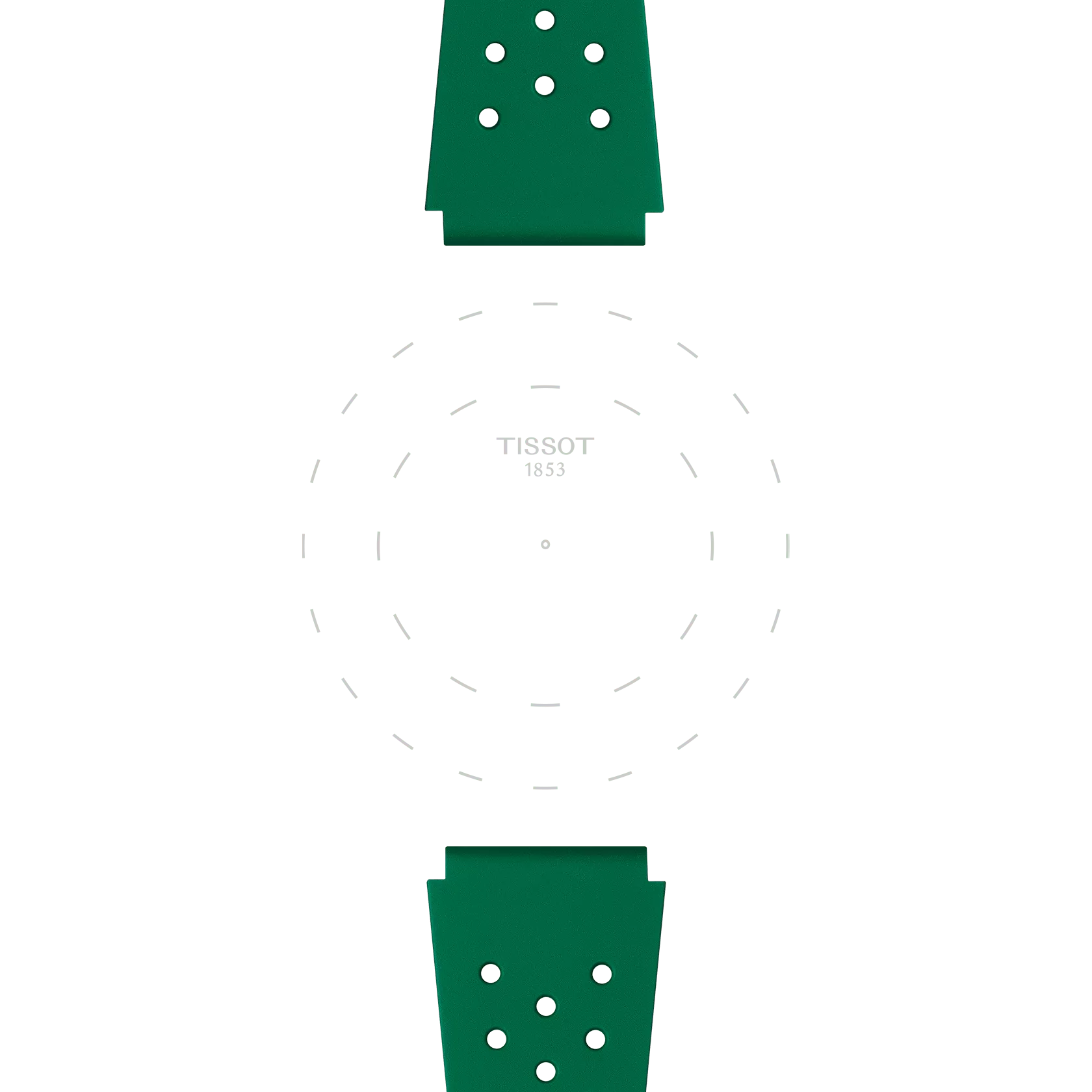 Two Tissot Official Green Sideral Rubber Straps are placed above and below a white, empty watch face featuring the "TISSOT 1853" logo in the center. The dial has no hour or minute markers—only dashed lines forming a circle.